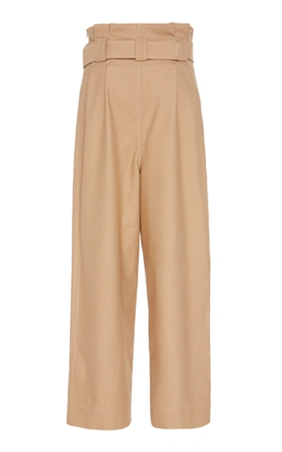 Shop Ganni Belted Cotton-blend Wide-leg Pants In Neutral