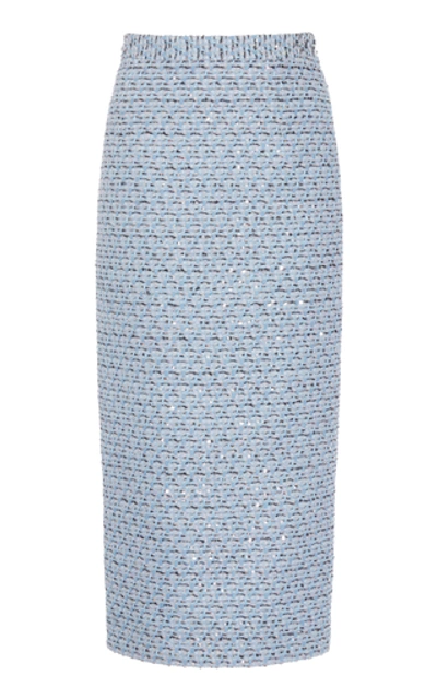 Shop Alessandra Rich Sequined Tweed Midi Skirt In Blue