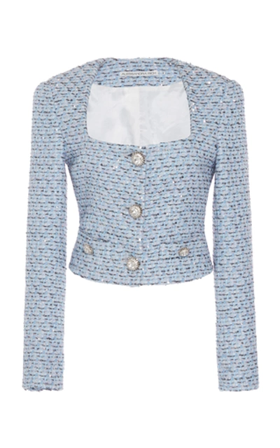 Shop Alessandra Rich Cropped Sequined Tweed Jacket In Blue