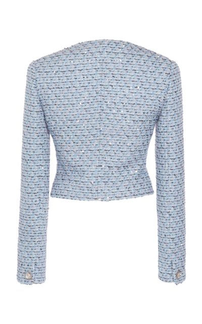 Shop Alessandra Rich Cropped Sequined Tweed Jacket In Blue