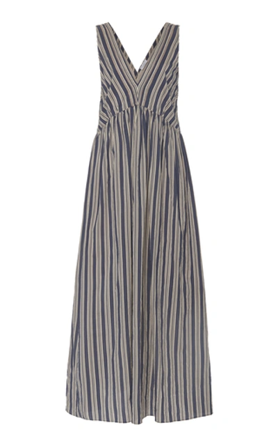 Shop Brunello Cucinelli Cotton Silk Regimental Stripe V-neck Maxi Dress Siz In Blue