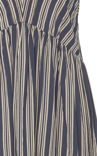 Shop Brunello Cucinelli Cotton Silk Regimental Stripe V-neck Maxi Dress Siz In Blue