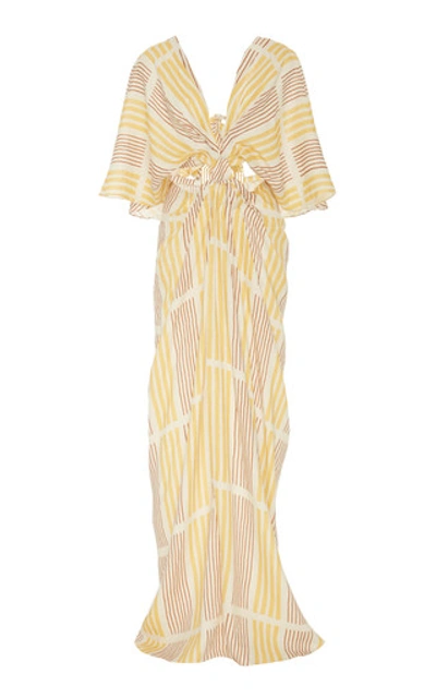 Shop Johanna Ortiz Paradise Striped Linen Cutout Maxi Dress In Yellow