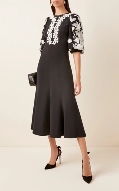 Shop Andrew Gn Belted Lace-embroidered Crepe Midi Dress In Black/white