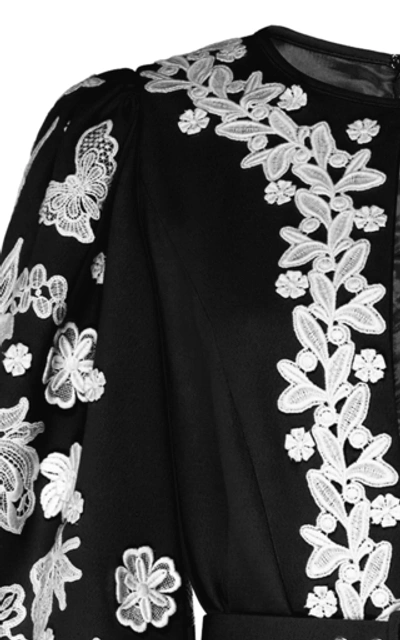 Shop Andrew Gn Belted Lace-embroidered Crepe Midi Dress In Black/white