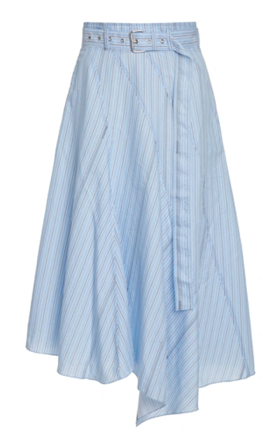Shop Jw Anderson Belted Striped Asymmetric Midi Skirt In Blue