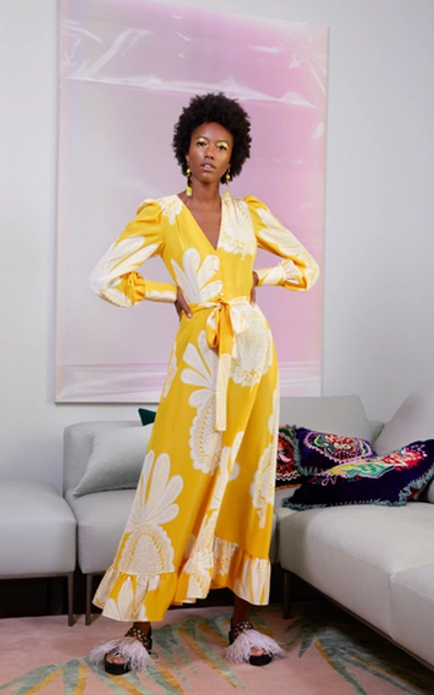 Shop La Doublej Super Smokin' Hot Printed Silk Maxi Dress In Yellow