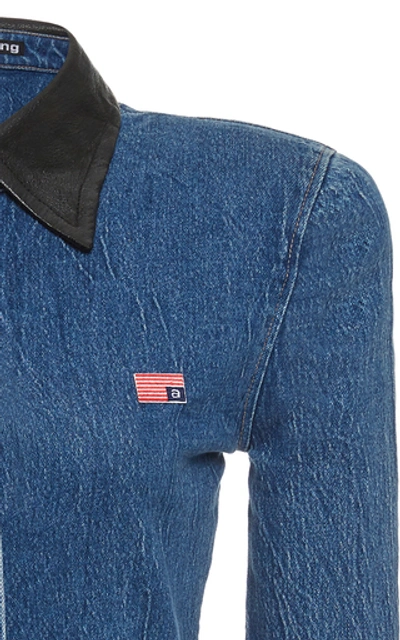 Shop Alexander Wang Leather-collar Denim Button-front Shirt In Medium Wash