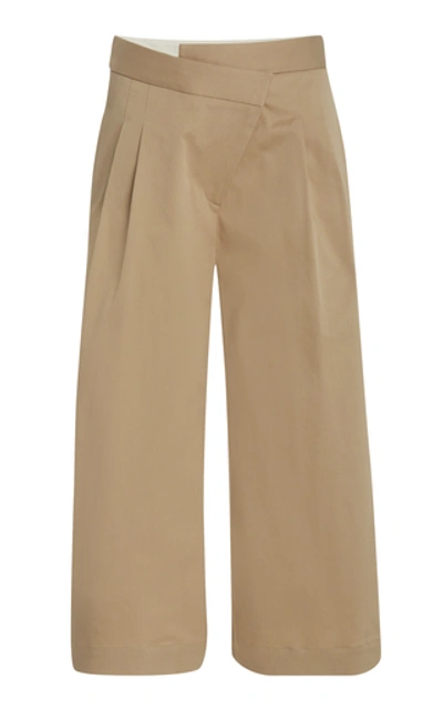Shop Monse Cropped Pleated Stretch-cotton Wide-leg Pants In Neutral