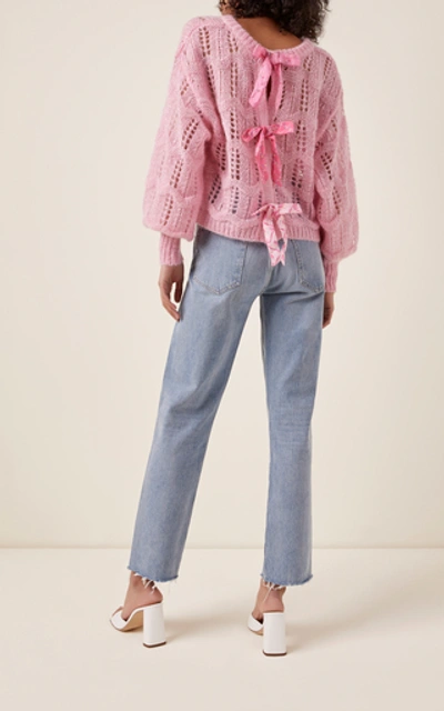Loveshackfancy Eugenia Cropped Bow embellished Metallic Open knit Sweater In Pink ModeSens