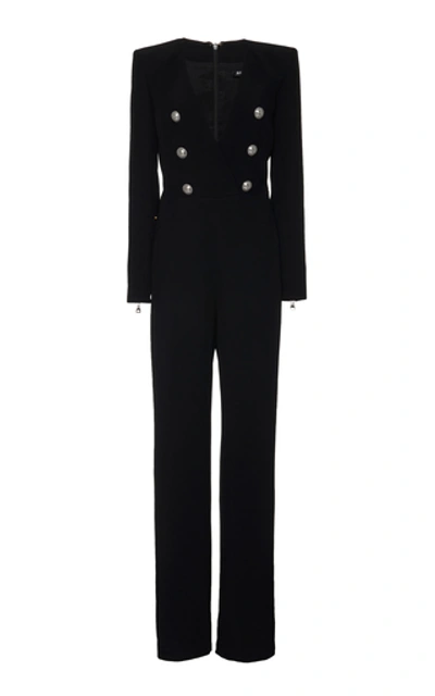 Shop Balmain V-neck Flared Crepe Jumpsuit In Black