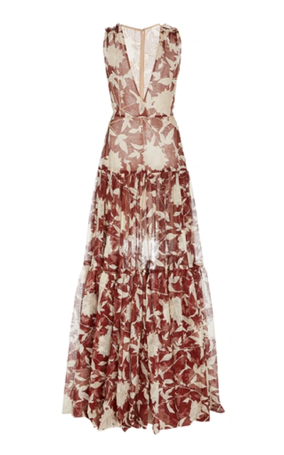 Shop Oscar De La Renta Floral-printed Silk Maxi Dress In Red