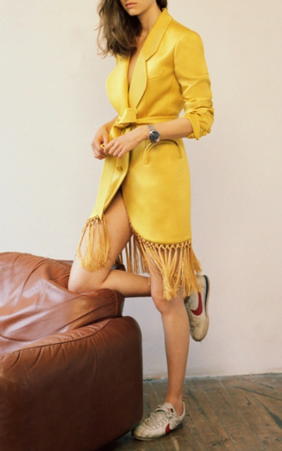 Shop Blazé Milano Novalis Fringed Blazer Dress In Yellow