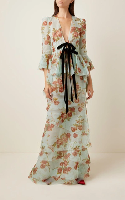 Shop Brock Collection Floral-print Tie-detailed Silk-chiffon Maxi Skirt