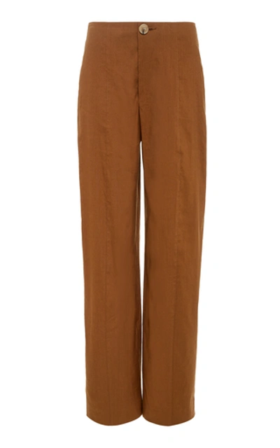 Shop Vince High-rise Linen-blend Straight-leg Pants In Brown