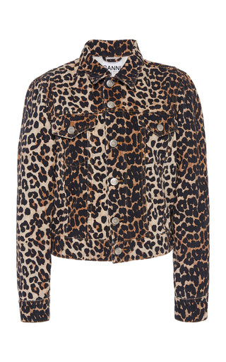 Ganni Print Denim Cropped Jacket In Leopard In Brown | ModeSens