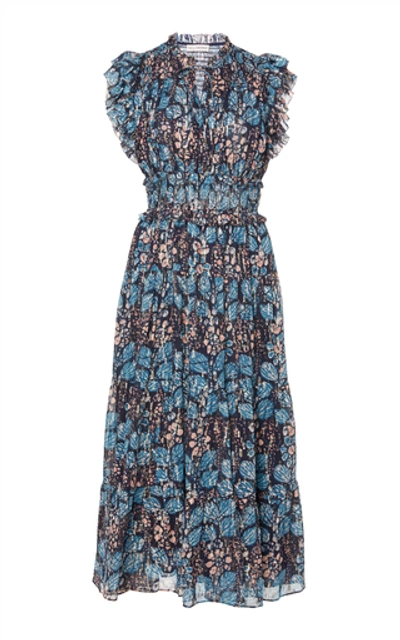 Shop Ulla Johnson Renata Printed Silk-blend Dress In Blue