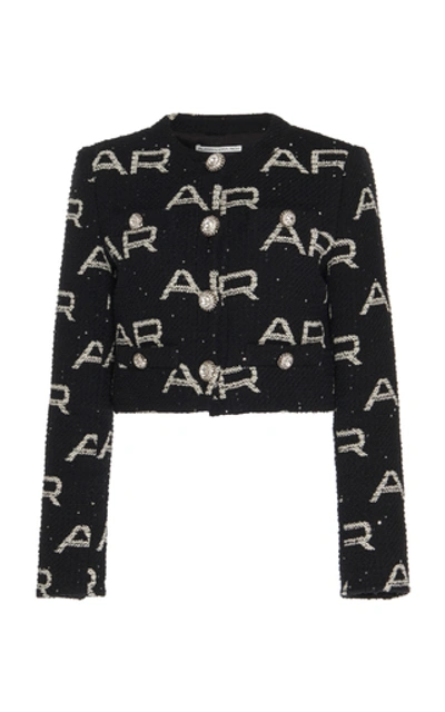 Shop Alessandra Rich Cropped Printed Cotton-tweed Jacket In Black