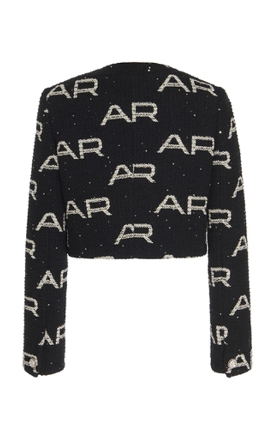 Shop Alessandra Rich Cropped Printed Cotton-tweed Jacket In Black