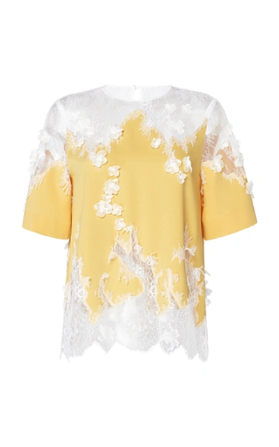 Shop Costarellos Crepe Lace Short-sleeve Blouse In Yellow