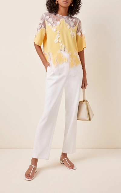 Shop Costarellos Crepe Lace Short-sleeve Blouse In Yellow