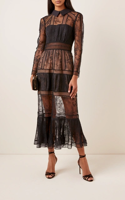 Shop Self-portrait Ruffled Chantilly-lace Dress In Black