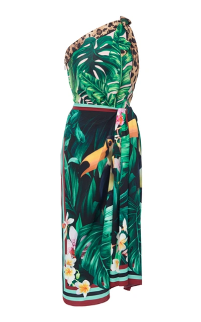Shop Dolce & Gabbana One-shoulder Printed Silk-blend Dress