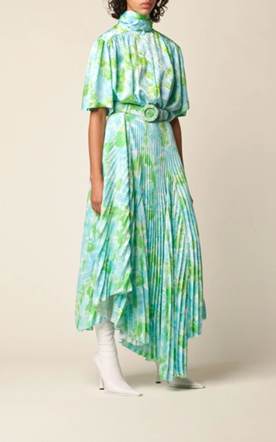 Shop Balenciaga Logo-jacquard Floral Silk Tie-neck Top In Multi