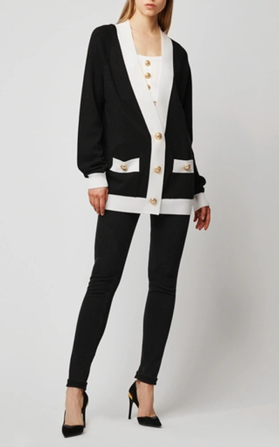 Shop Balmain Logo-back Wool-blend Cardigan In Black/white