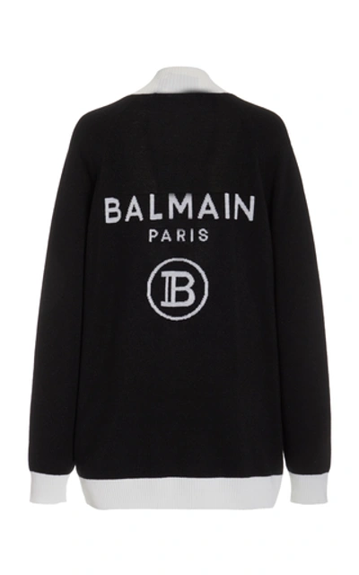 Shop Balmain Logo-back Wool-blend Cardigan In Black/white