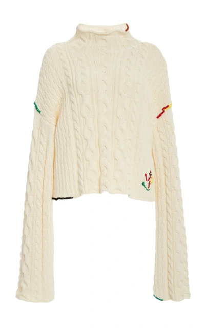 Shop Jw Anderson Cropped Cotton Cable Sweater In Ivory