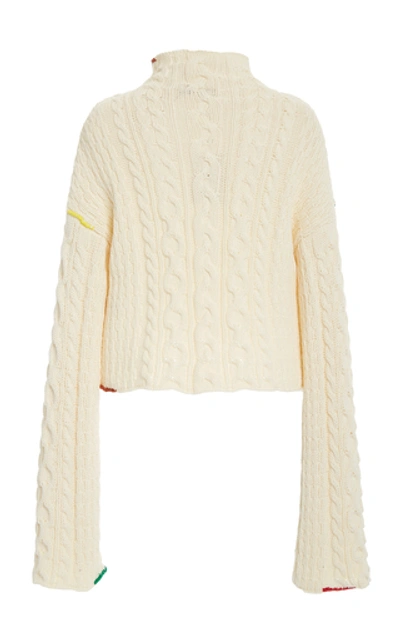 Shop Jw Anderson Cropped Cotton Cable Sweater In Ivory