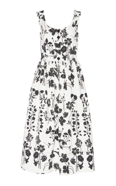 Shop Oscar De La Renta Floral-print Cotton-poplin Midi Dress In Black/white