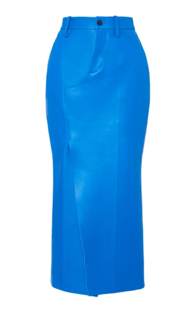 Shop Marni Asymmetric Leather Midi Skirt In Blue
