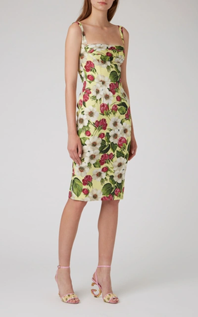 Shop Dolce & Gabbana Floral-print Square-neck Stretch-silk Dress