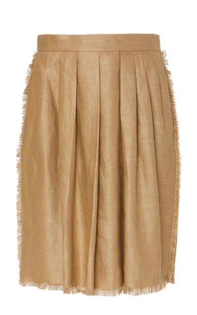 Shop Max Mara Berma Pleated Fringe-trimmed Linen-silk Mini Skirt In Brown