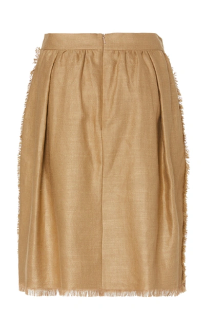 Shop Max Mara Berma Pleated Fringe-trimmed Linen-silk Mini Skirt In Brown