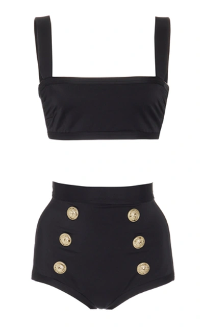 Shop Balmain Button-embellished High-waisted Bikini In Black