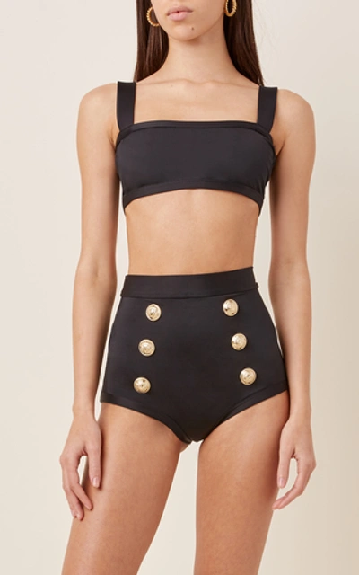 Shop Balmain Button-embellished High-waisted Bikini In Black