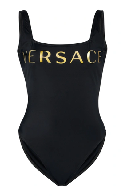 Shop Versace Logo-print Swimsuit In Black