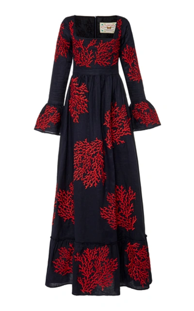 Shop Agua By Agua Bendita Women's Curuba Coralina Embroidered Linen Maxi Dress In Black
