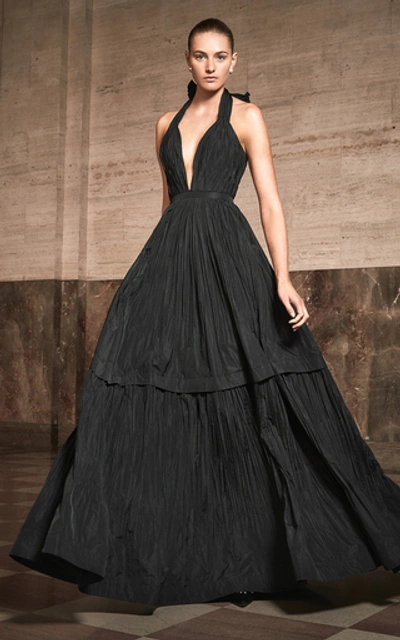 Shop Alexis Tressa Fit-and-flare Plisse Gown In Black