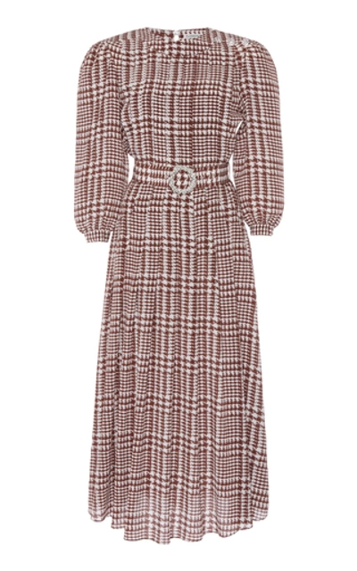 Shop Alessandra Rich Houndstooth Belted Pleated Silk Midi Dress In Plaid