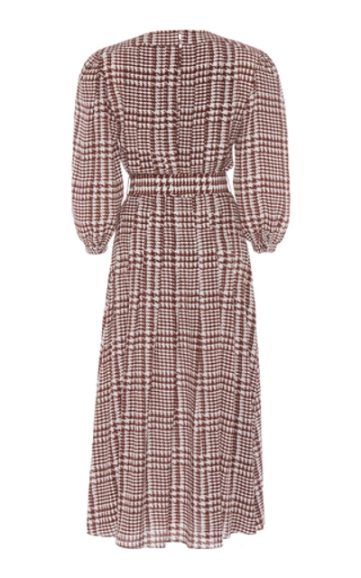 Shop Alessandra Rich Houndstooth Belted Pleated Silk Midi Dress In Plaid