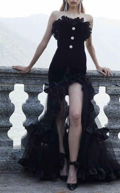 Shop Alessandra Rich Ruffled Embellished Tulle-paneled Velvet Gown In Black