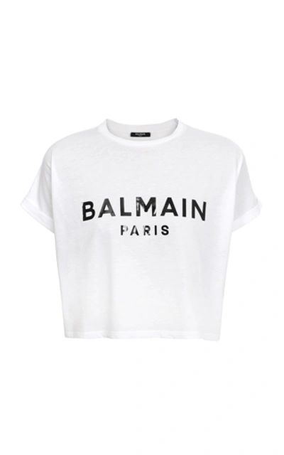 Shop Balmain Cropped Cotton Logo T-shirt In White