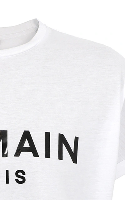 Shop Balmain Cropped Cotton Logo T-shirt In White