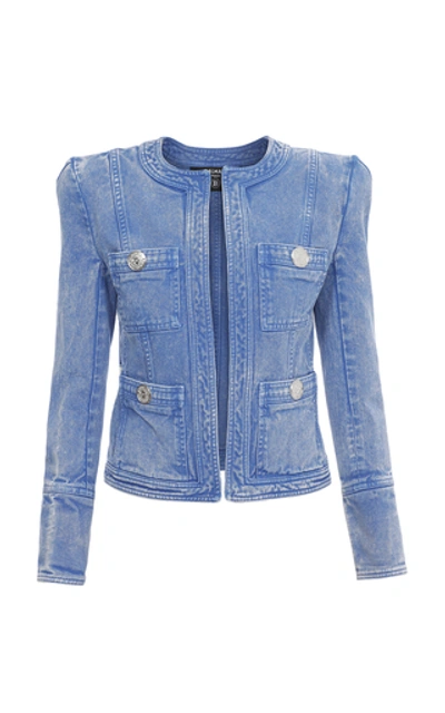 Shop Balmain Collarless Denim Jacket In Light Wash