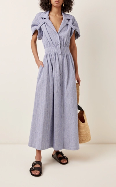 Shop By Any Other Name Shirred Cotton-blend Gauze Midi Dress In Stripe