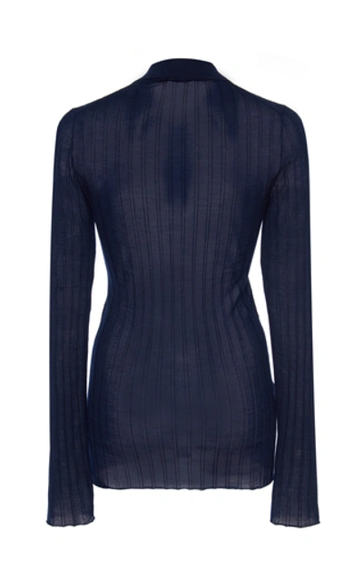 Shop Prada Ribbed Knit Cashmere Silk Top In Navy